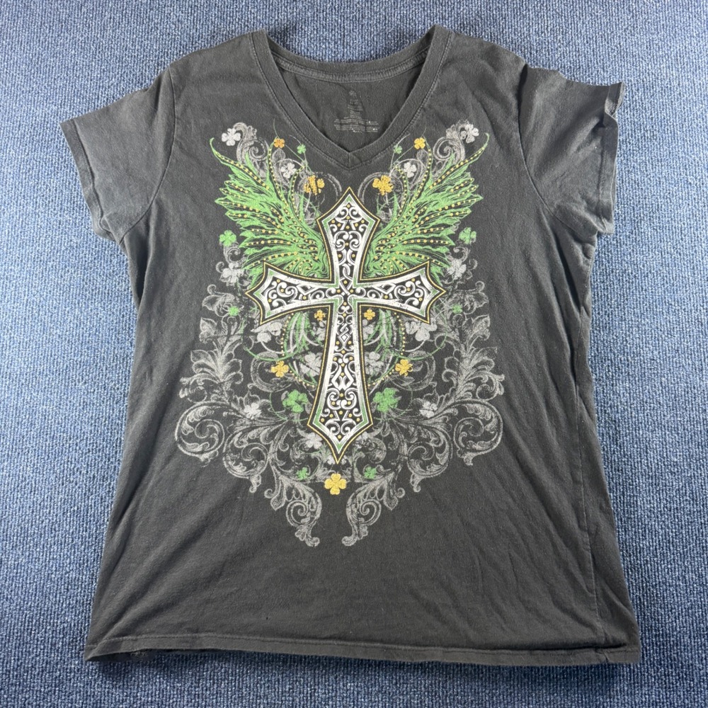 Womens Black V-Neck Graphic T-Shirt‎ Cross Wings Shamrocks XL 16-18